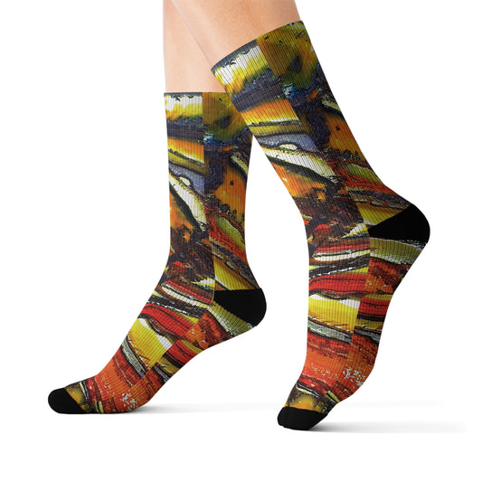Colorful Unisex Rock Art Socks Tie-Dye Like Faulted and Folded Tiger Iron Design