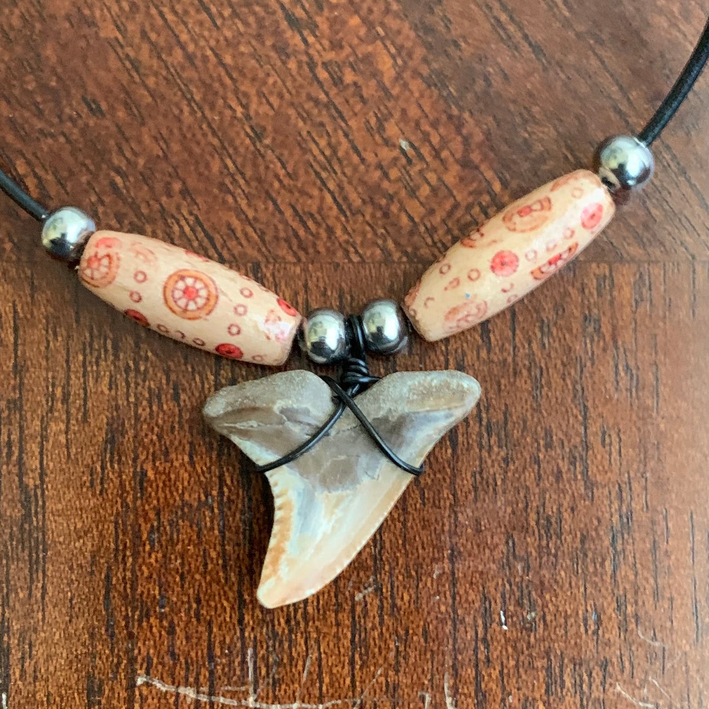 Real fossil Hemipristis serra, snaggle shark tooth necklace on black cord, shark tooth pendant