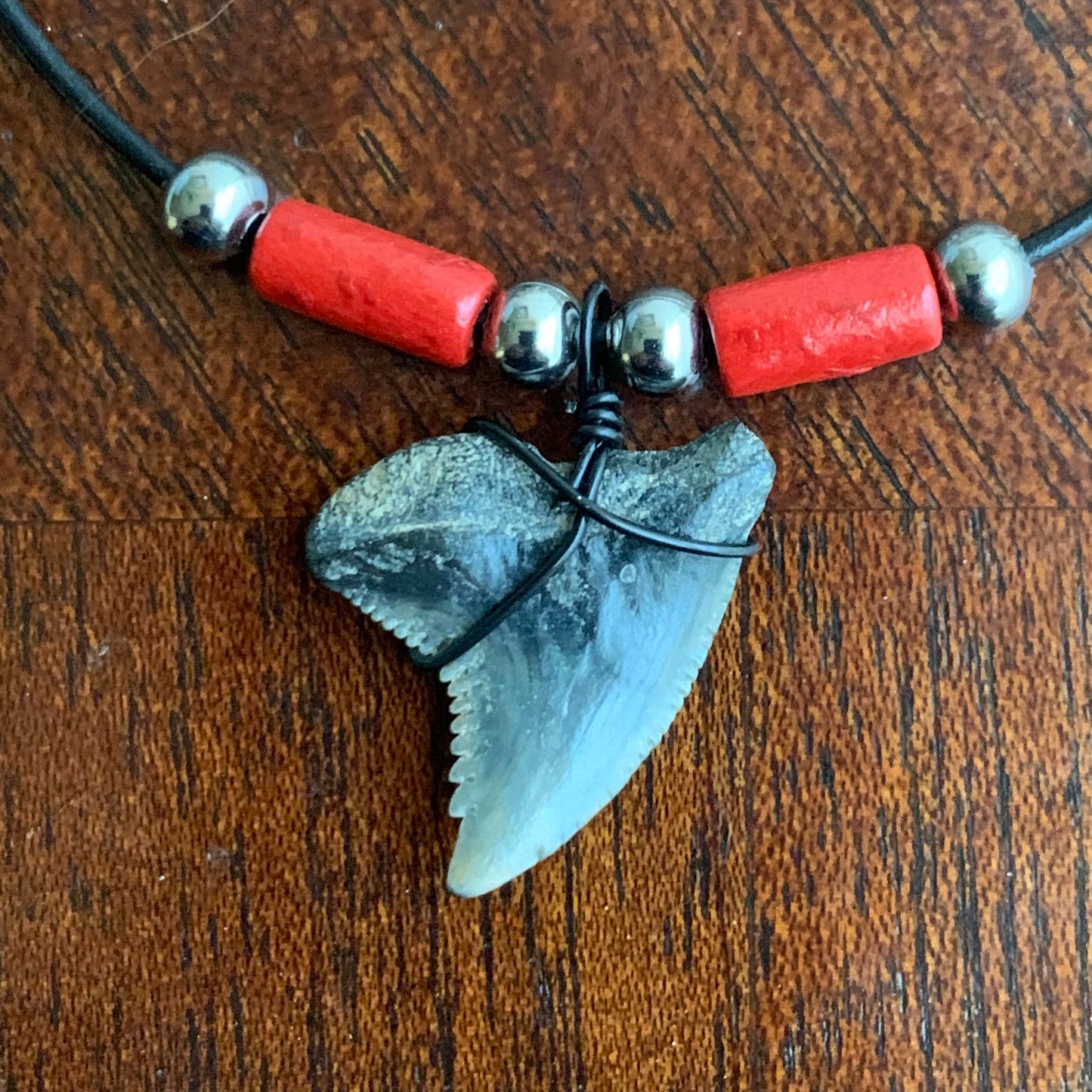 Real fossil Hemipristis serra, snaggle shark tooth necklace on black cord, shark tooth pendant