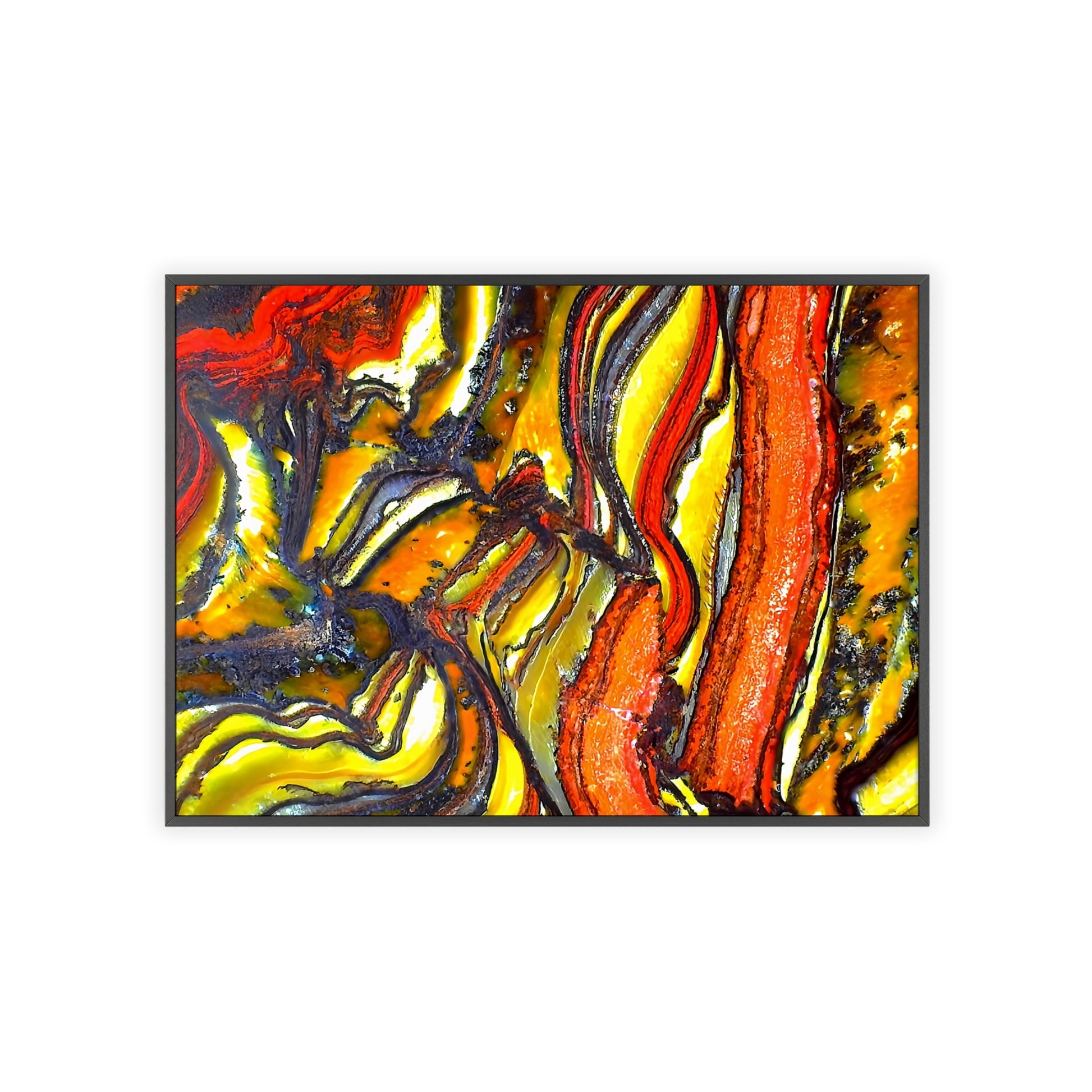 Abstract folded and faulted tiger iron stone art print.  It's a colorful piece, showcasing the red, yellow and black of the piece.  There is a black frame surrounding the unique picture.