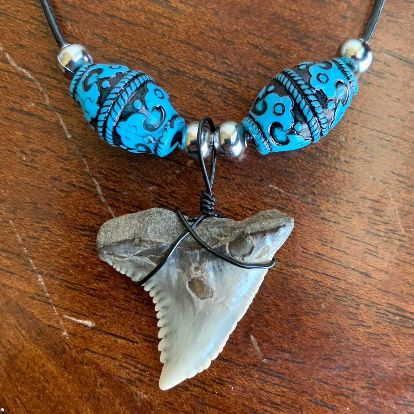 Real fossil Hemipristis serra, snaggle shark tooth necklace on black cord, shark tooth pendant