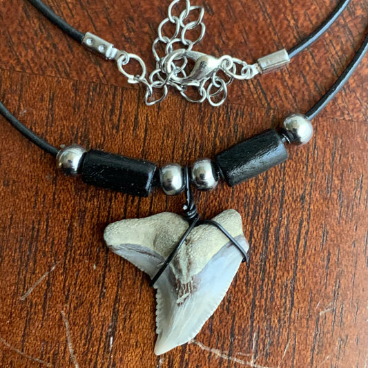 Real shark tooth necklace made from a fossil snaggle shark tooth pendant wrapped with black wire, hung on a black cotton cord with colorful beads