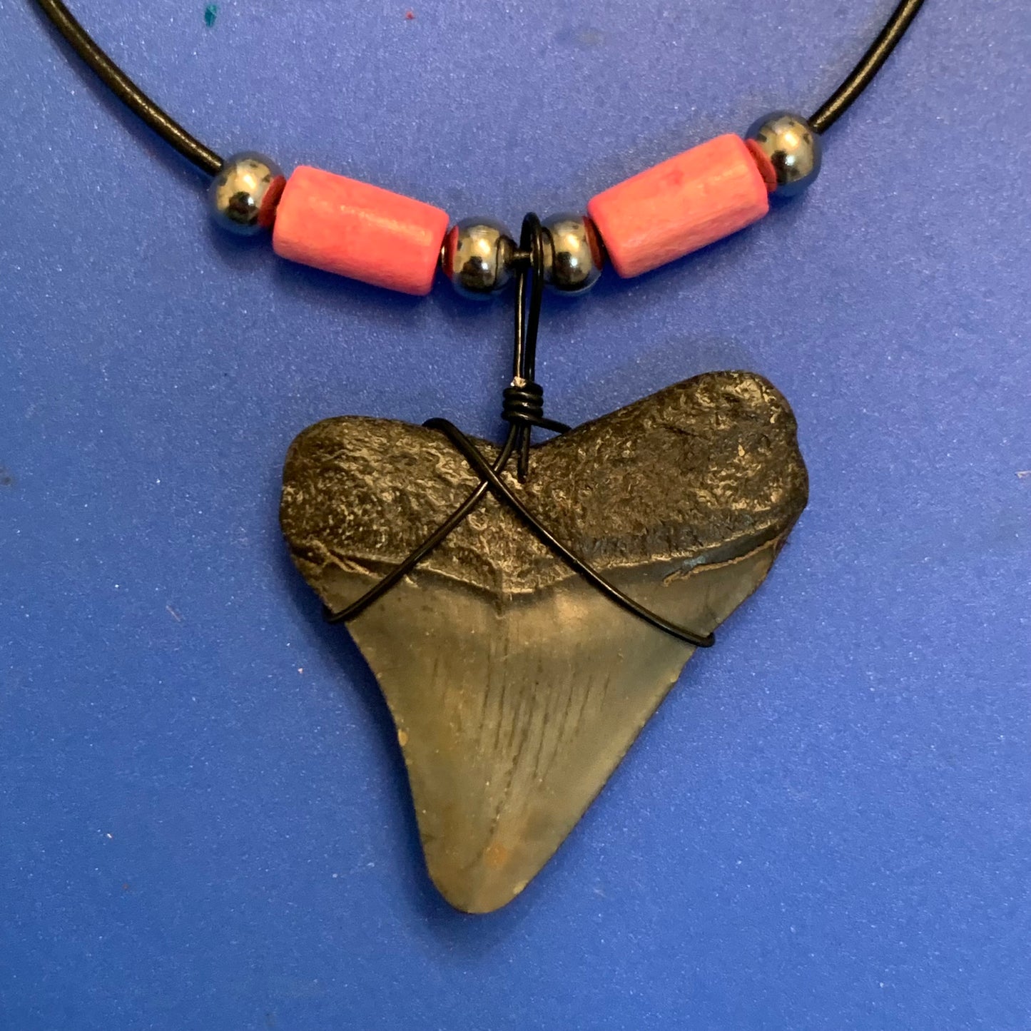 Real fossil megalodon shark tooth necklace on black cord, shark tooth pendant