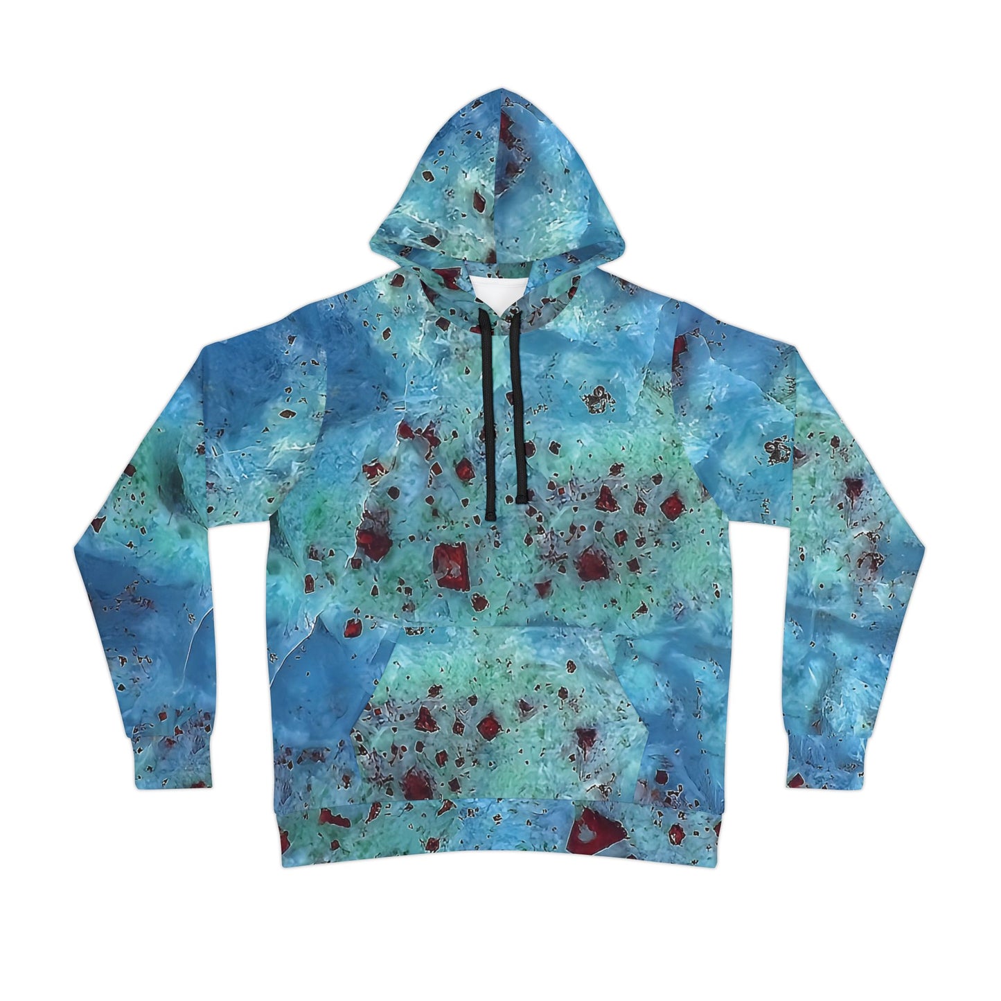 Unique blue agate stone art hoodie, unisex hooded sweatshirt for men and women.  Colorful blue green and black tie die like patterns