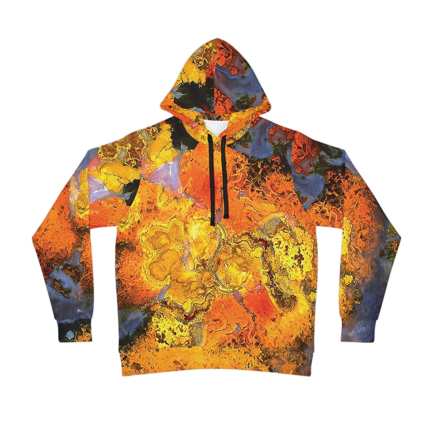 Unique polished stromatolite agate art hoodie, unisex hooded sweatshirt for men and women.  Colorful orange yellow and white tie die like pattern
