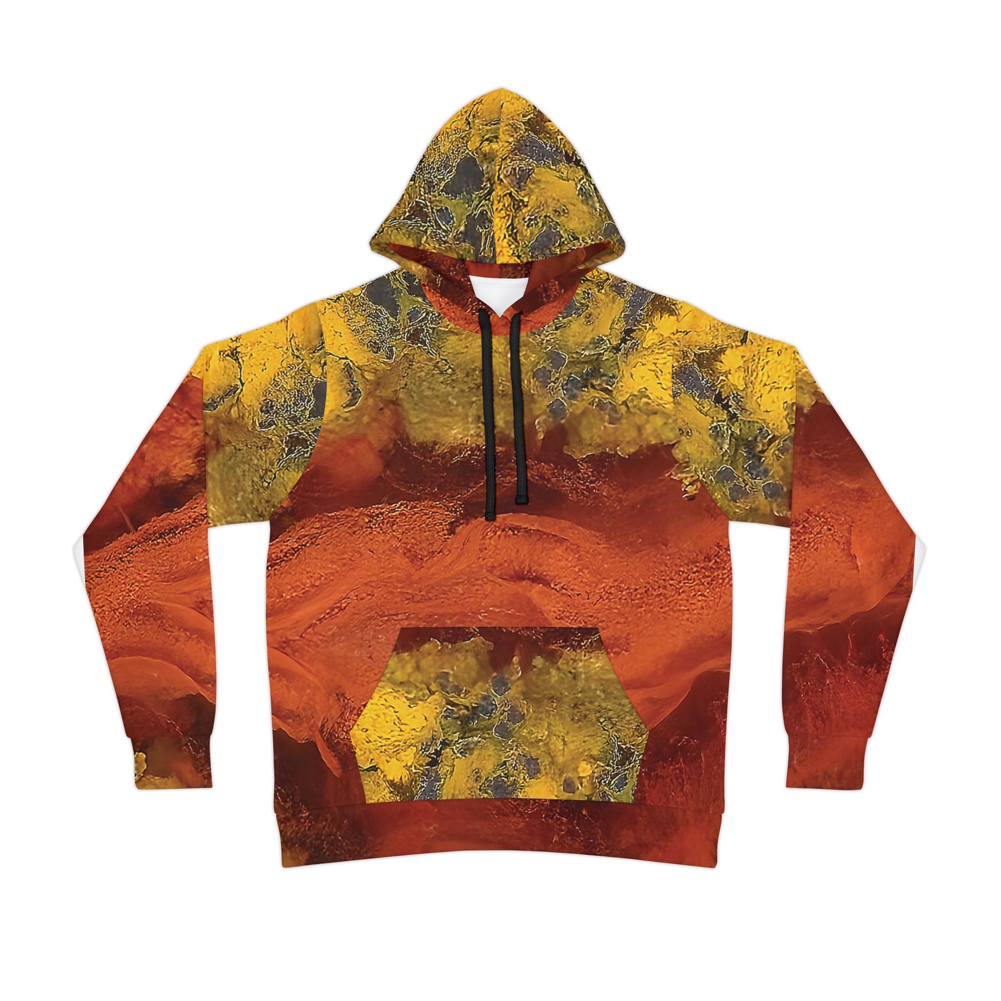 Unique seam agate art hoodie, unisex hooded sweatshirt for men and women.  Colorful red yellow and grey tie die like pattern