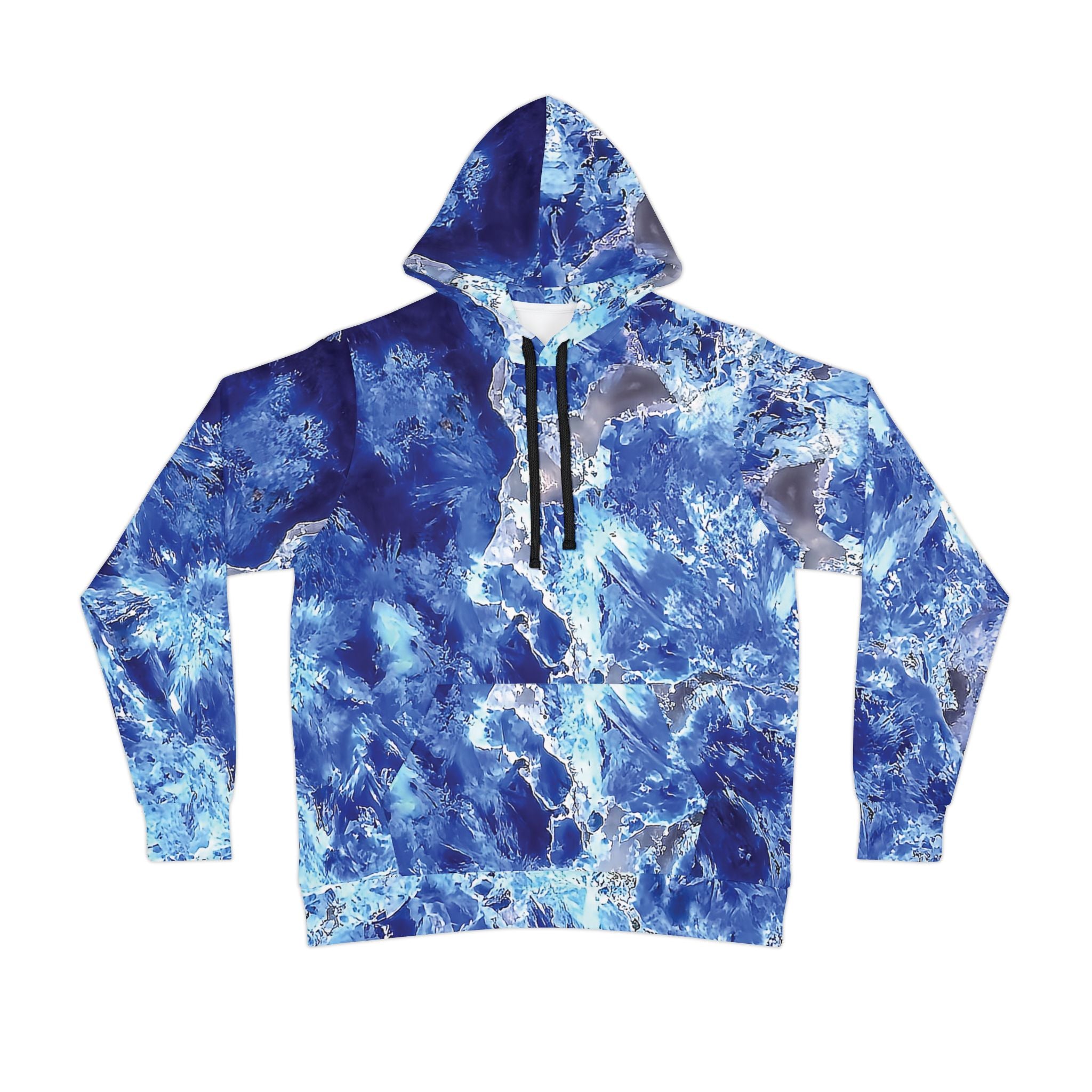 Unique shattuckite art hoodie, unisex hooded sweatshirt for men and women.  Colorful blue and white tie die like pattern