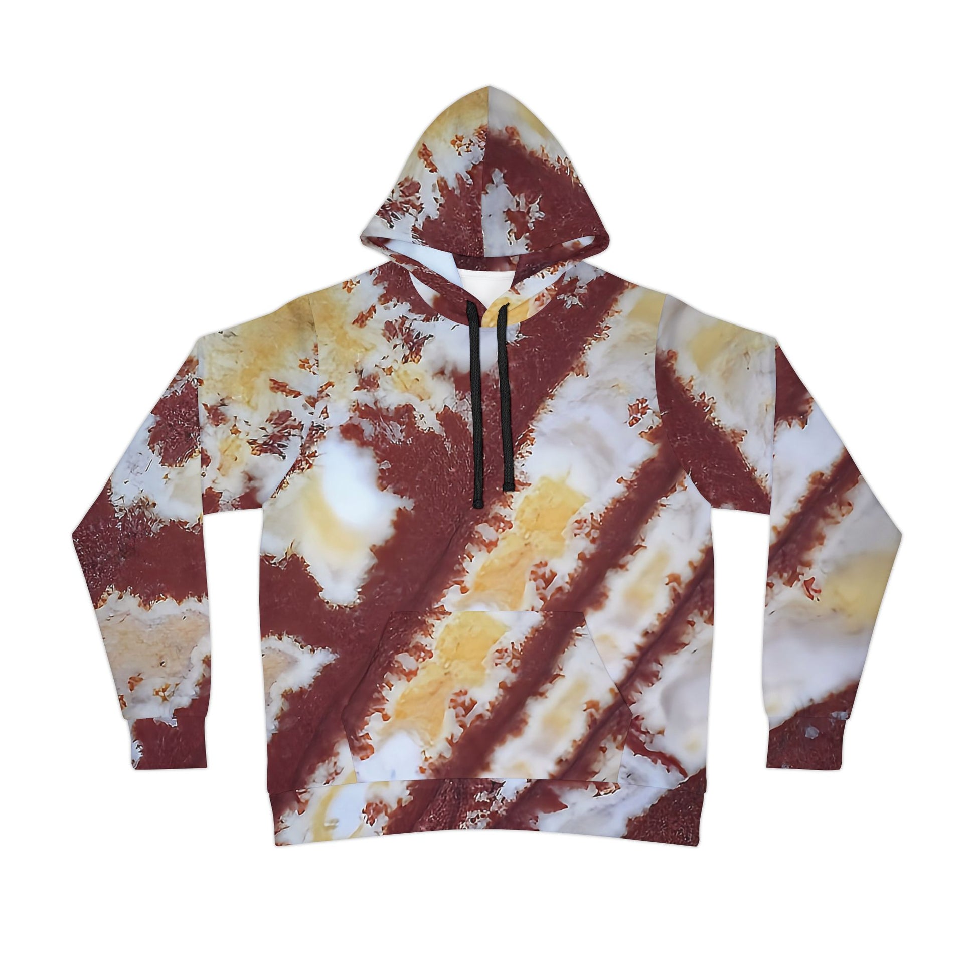 Unique sonoran dendritic jasper art hoodie, unisex hooded sweatshirt for men and women.  Colorful red, white and yellow tie die like pattern