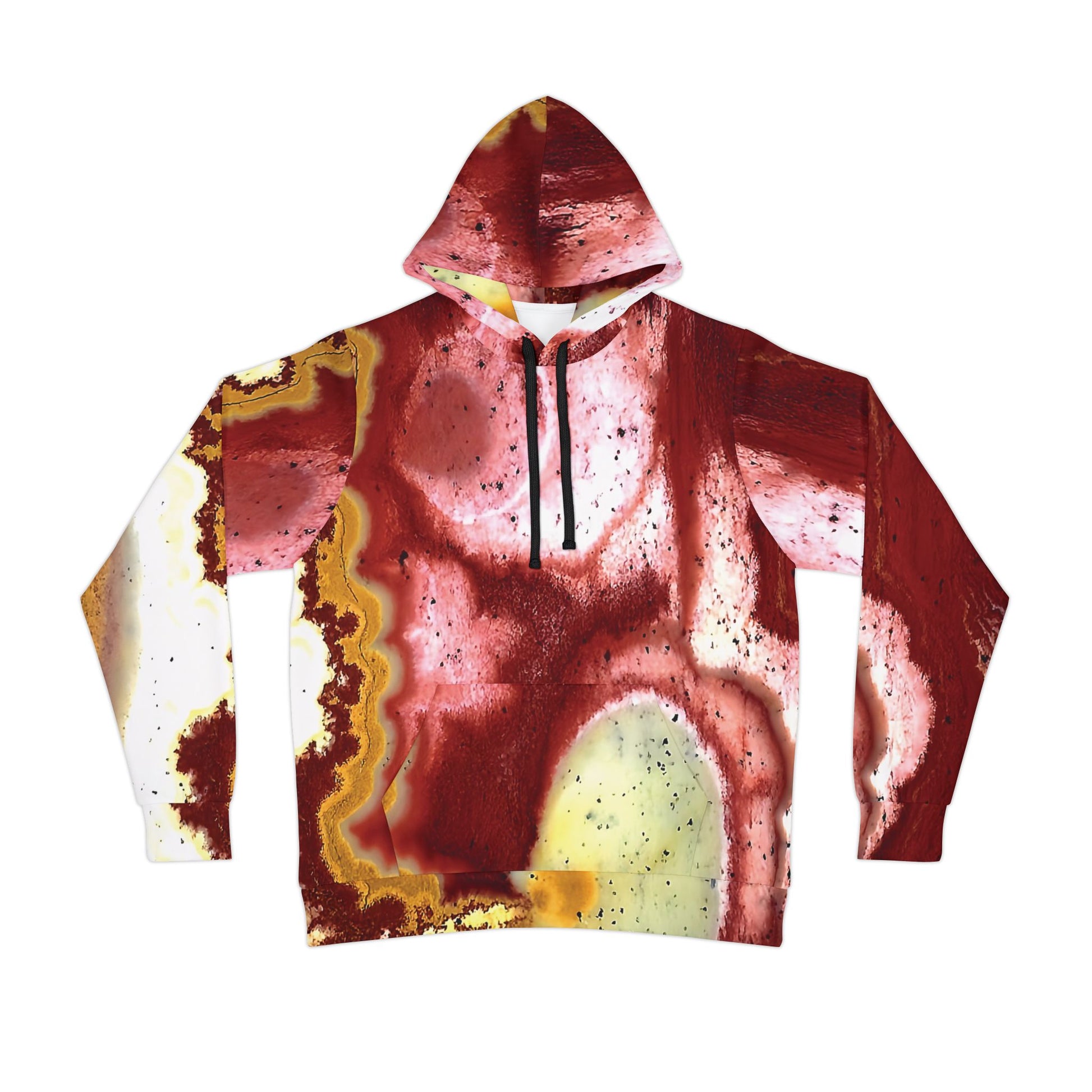 Unique tiger iron art hoodie, unisex hooded sweatshirt for men and women.  Colorful red, yellow and white tie die like pattern