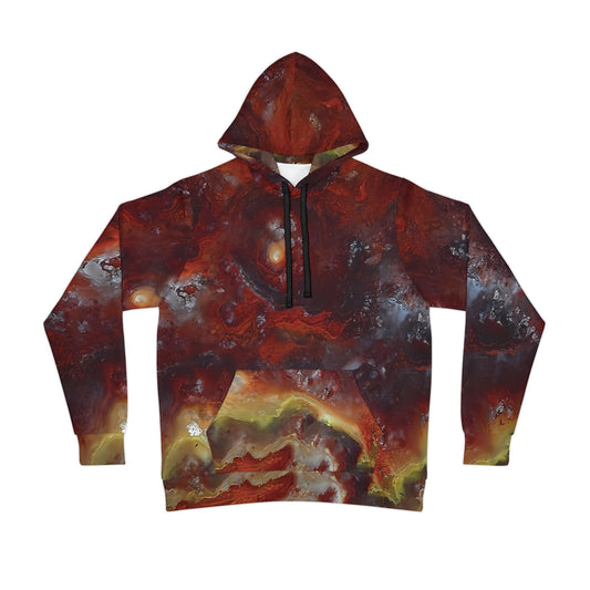Unique wildfire hyalite bubble opal art hoodie, unisex hooded sweatshirt for men and women.  Colorful red yellow and white tie die like pattern