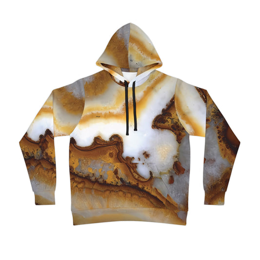 Unique yellow calcite art hoodie, unisex hooded sweatshirt for men and women.  Colorful brown, white and yellow tie die like pattern